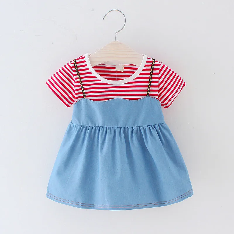 Платья для девочек лето 2019 детская одежда Полосатое джинсовое платье футболка