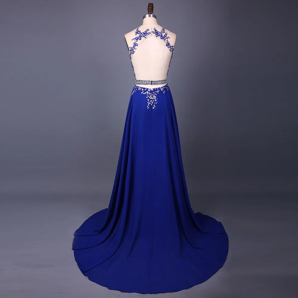 Сексуальные ярко синий шифон совок шеи Длинные вечерние платья 2017 аппликации