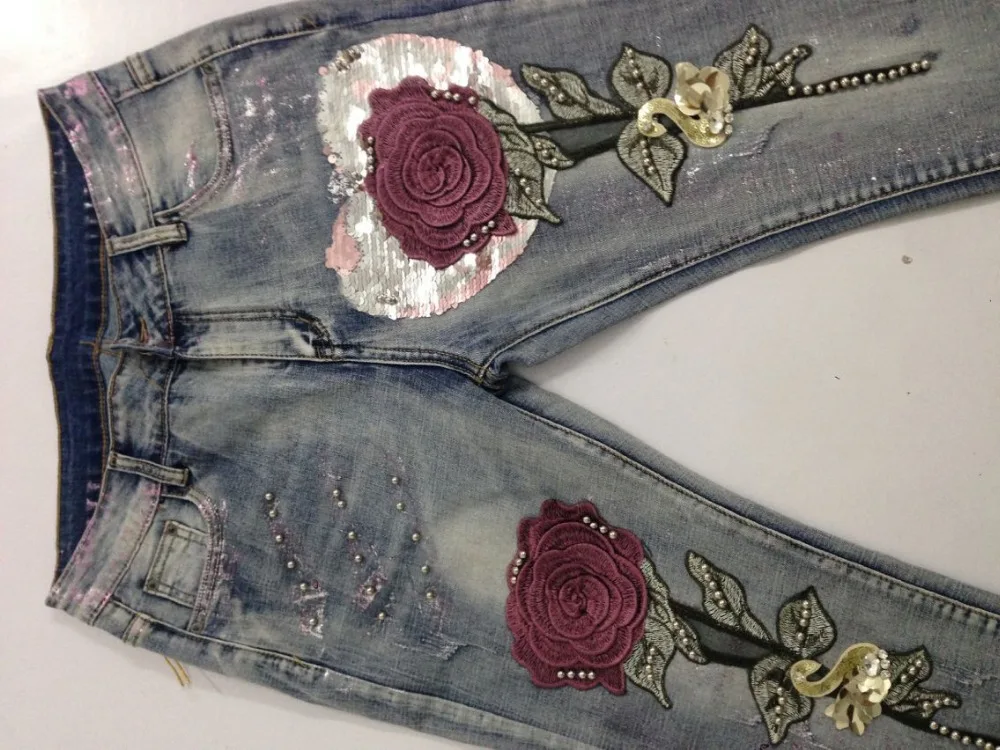 Джинсы с цветочными 3D блестками вышитые джинсы розами модные эластичные женские