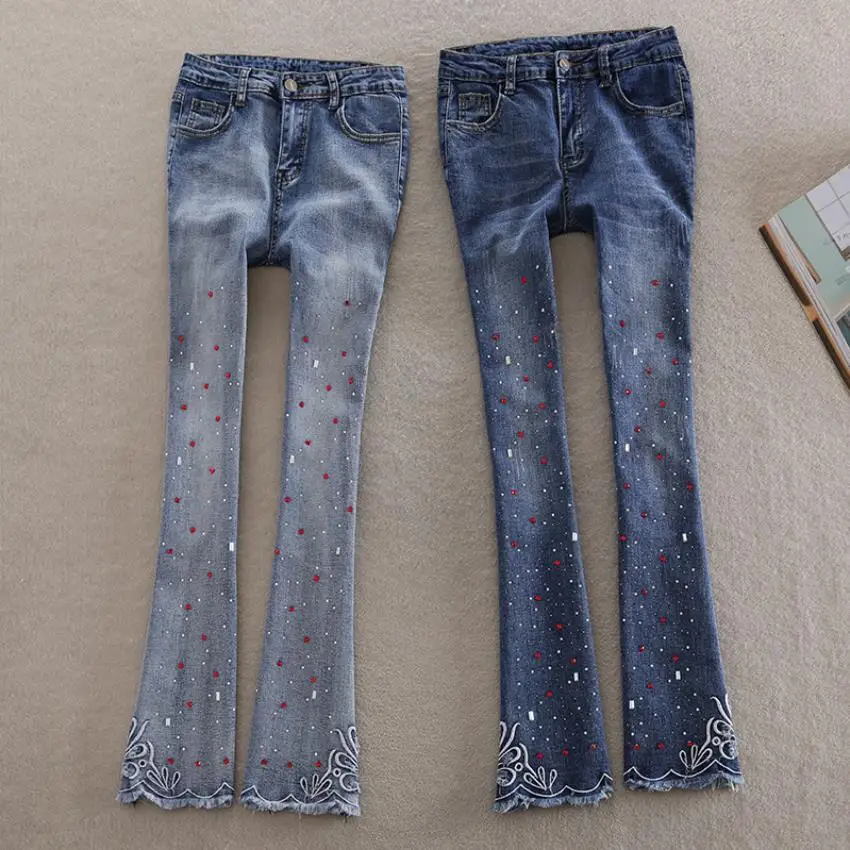 

wholesale fashion brand retro flowers embroidery diamond beading jeans female street style diamond flare jeans wq2202 dropship