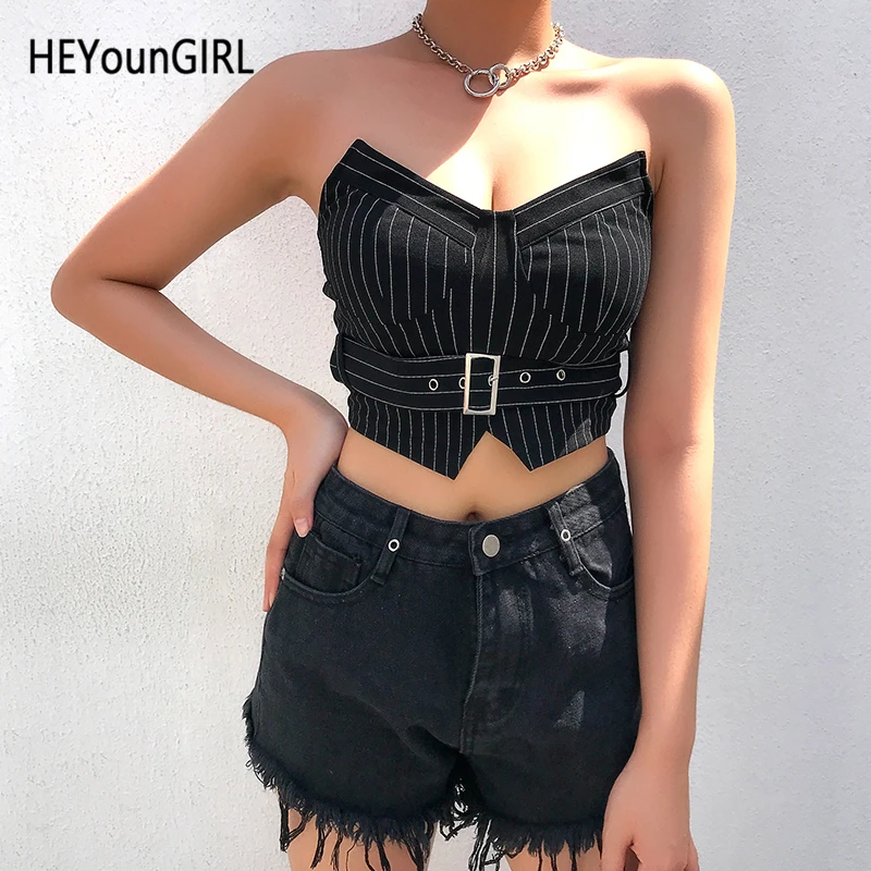HEYounGIRL/Полосатый Топ без бретелек, лиф-бандо Harajuku, черные пикантные топы с открытой спиной, футболки, готический корейский топ с запахом, летняя рубашка