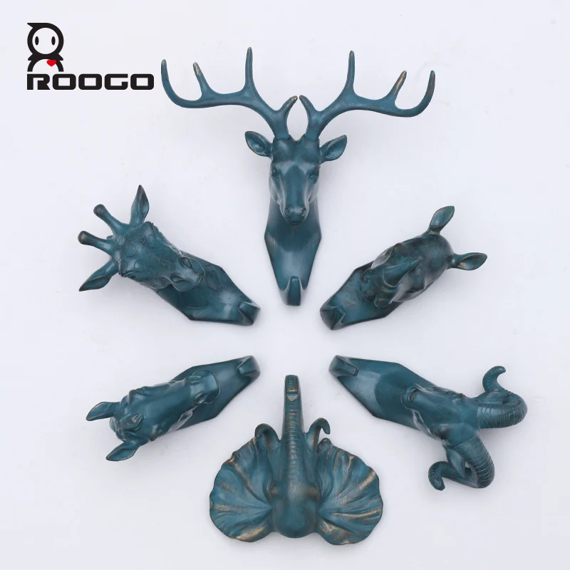 

Roogo Hanger Key Holder Wall Deer Head Room Decoration Wall Hook Bronze Annimal Wall Coat Rack Resin Home Decoration Accessories