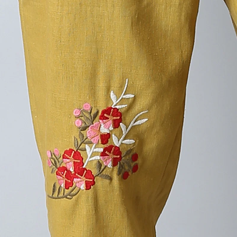 Kymakutu китайский Стиль Broderie Лен Pantalon женская одежда эластичный пояс осень Mujer с