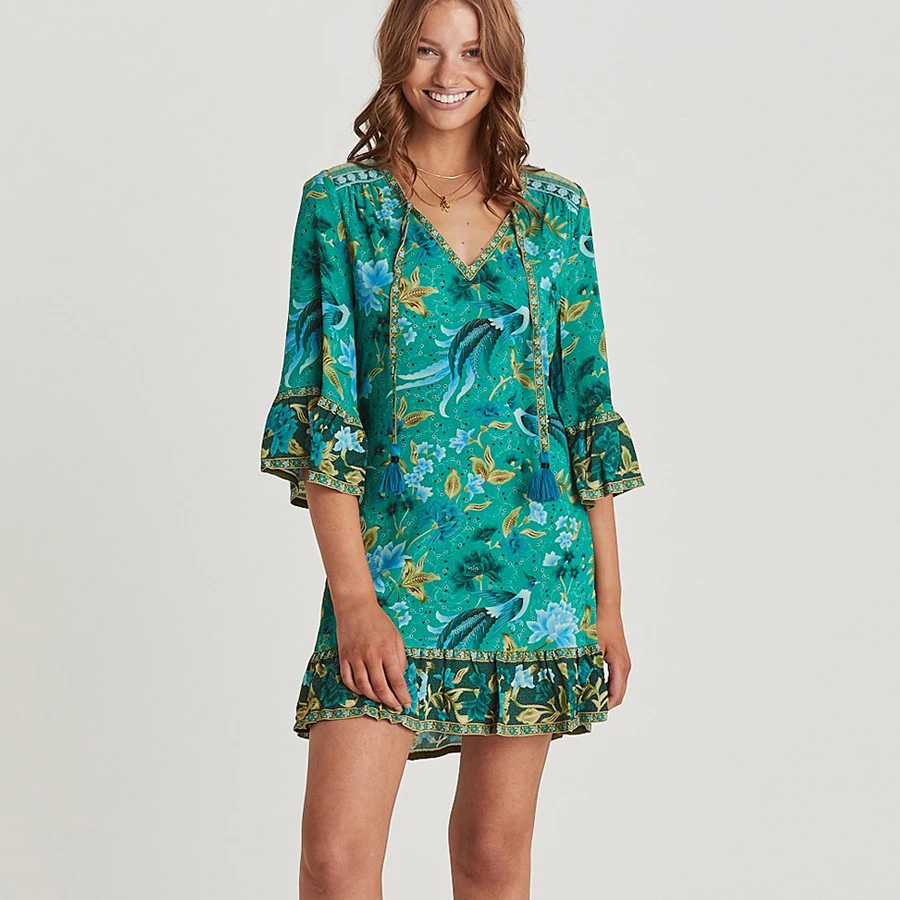 TEELYNN mini dresses for women flare sleeve Malachite green BOHO Dresses rayon ILONA Forest floral print summer Dresses vestido