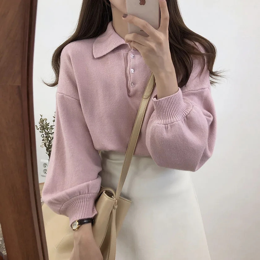 2019 Autumn New Women's Pullovers Sweater Turn-down Collar Full Lantern Sleeve Button Design Solid Korean Casual Tops T97322D | Женская