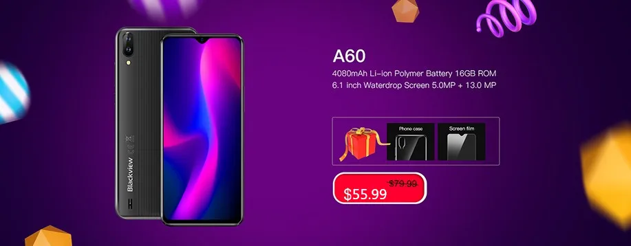 Новое поступление, смартфон Blackview A60, 4080 мАч, батарея, 19:9, 6,1 дюймов, двойная камера, 1 ГБ ram, 16 ГБ rom, мобильный телефон, 13 МП+ 5 Мп камера