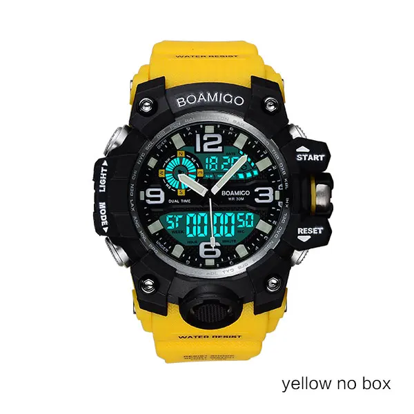 yellow no box Спортивные мужские часы BOAMIGO F502, водонепроницаемые цифровые наручные часы с хронографом, светодиодный военный аналог, мужские часы с резиновым ремешком - Цвет: yellow no box