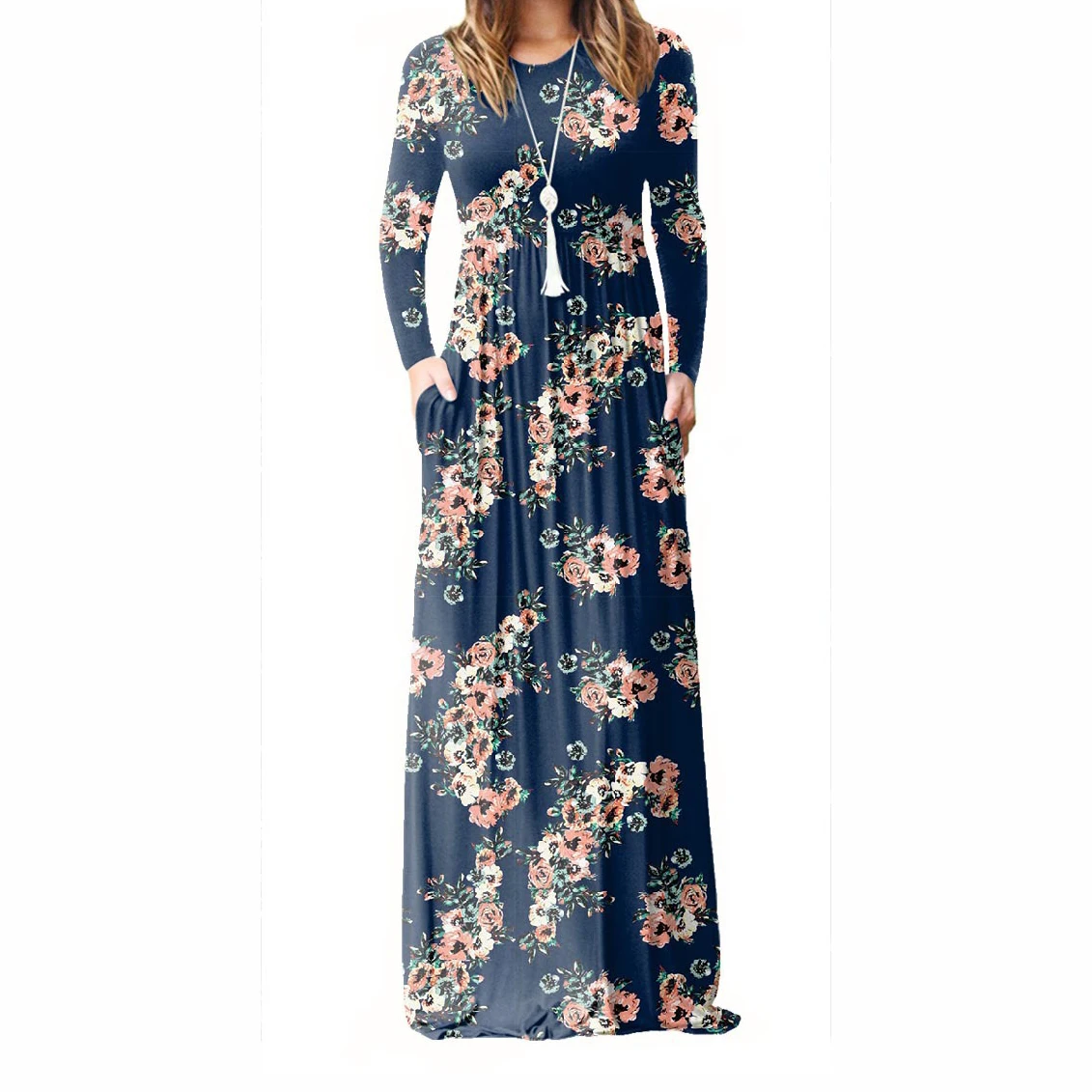 Nay Blue Женское длинное платье макси с длинным рукавом, женское летнее платье трапециевидной формы с цветочным принтом, Женский богемный пляжный сарафан с карманами размера плюс GV083 - Цвет: Nay Blue