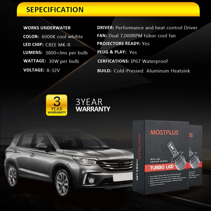 

MOSTPLUS 7600LM 60W LED headlight Kit H8 H9 H11 Low beam 6000K bulbs Pair