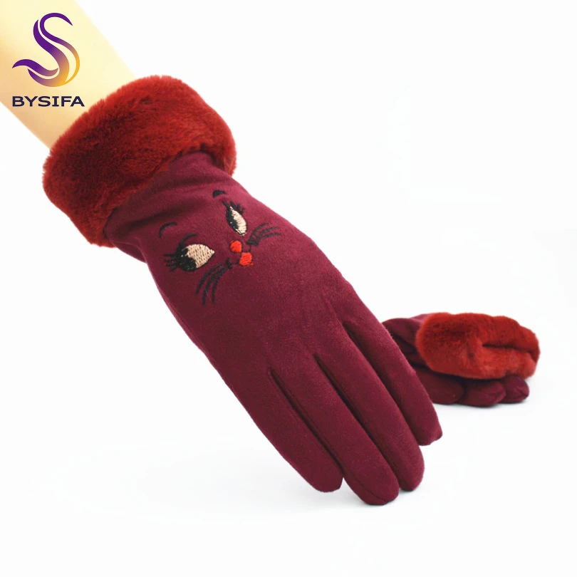 

[BYSIFA] New Cartoon Cat Design Suede Cute Women Gloves Winter Wine Red Mittens Gloves Double Layers Plus Velvet Ladies Gloves