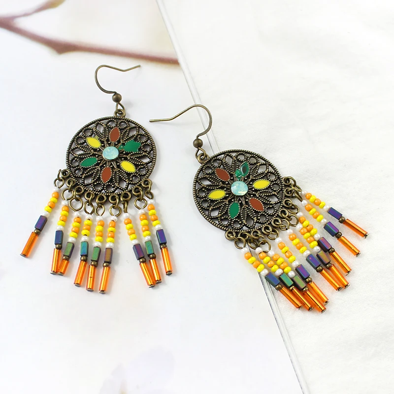Round hollow carved sun flower inlaid with colored natural stone string of resin beads Tassel Drop Earrings Bohemian | Украшения и