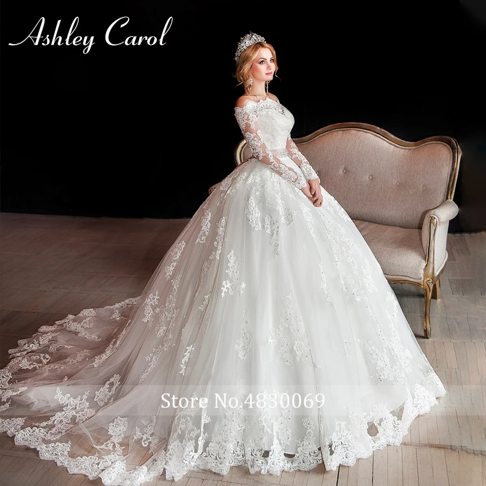 Ashley Carol Ball Gown Wedding Dress 2022 Elegant Boat Neck Long Sleeve Princess Vintage Luxury Bridal Gowns Vestido De Noiva | Свадьбы и