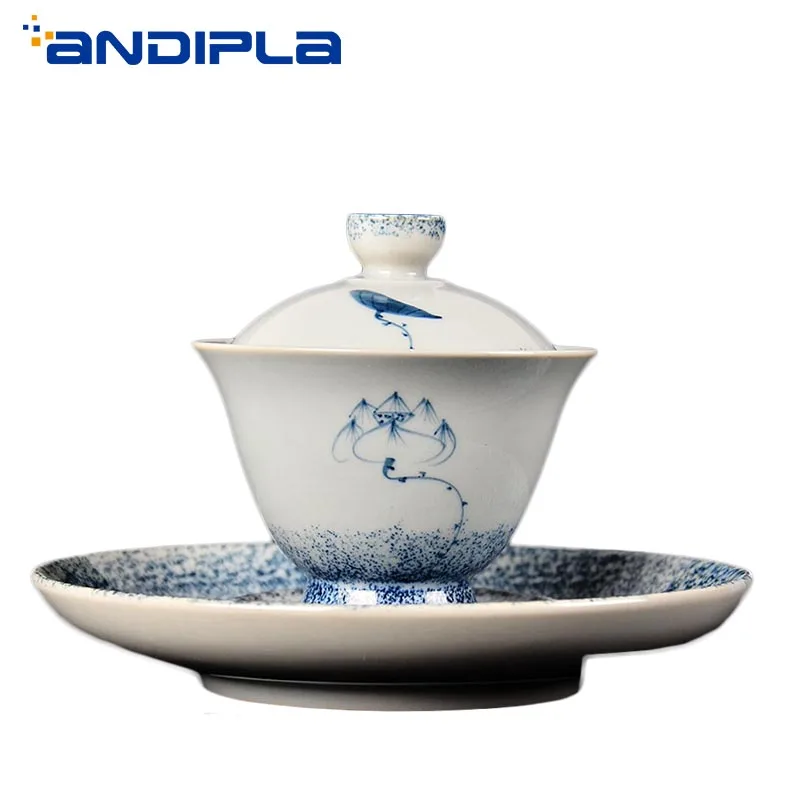 150 мл Цзиндэчжэнь синий и белый фарфор Lotus Gaiwan винтажный чайный набор кунг-фу
