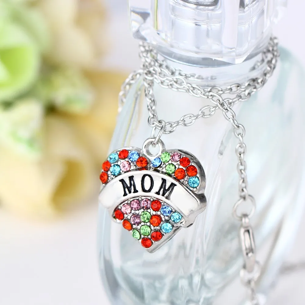

Bespmosp 24PCS/Lot Wholesale Mom Crystal Trendy Pendant Chain Necklace Multi-colored Women Jewelry Love Heart Charm Mother's Day
