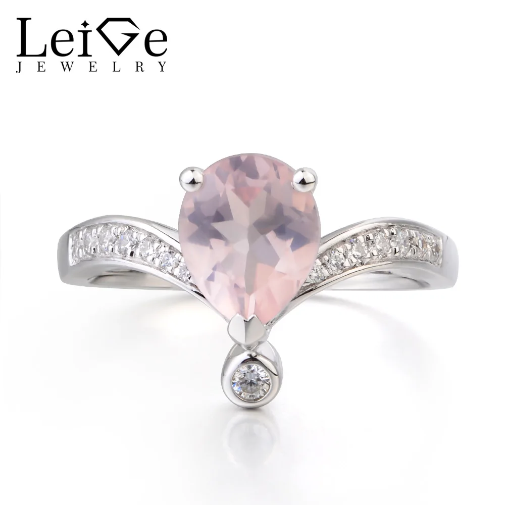

Leige Jewelry Anniversary Ring Natural Pink Quartz Ring Pear Cut Pink Gemstone Genuine 925 Sterling Silver Ring Gifts for Her