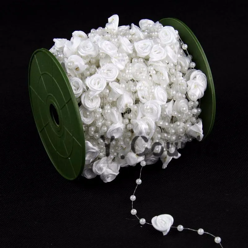 

30m/98feet Ivory white Pearl Beads and Satin Rose Flower Pearl Bead Garland Wedding Centerpiece Wedding Decoration Craft