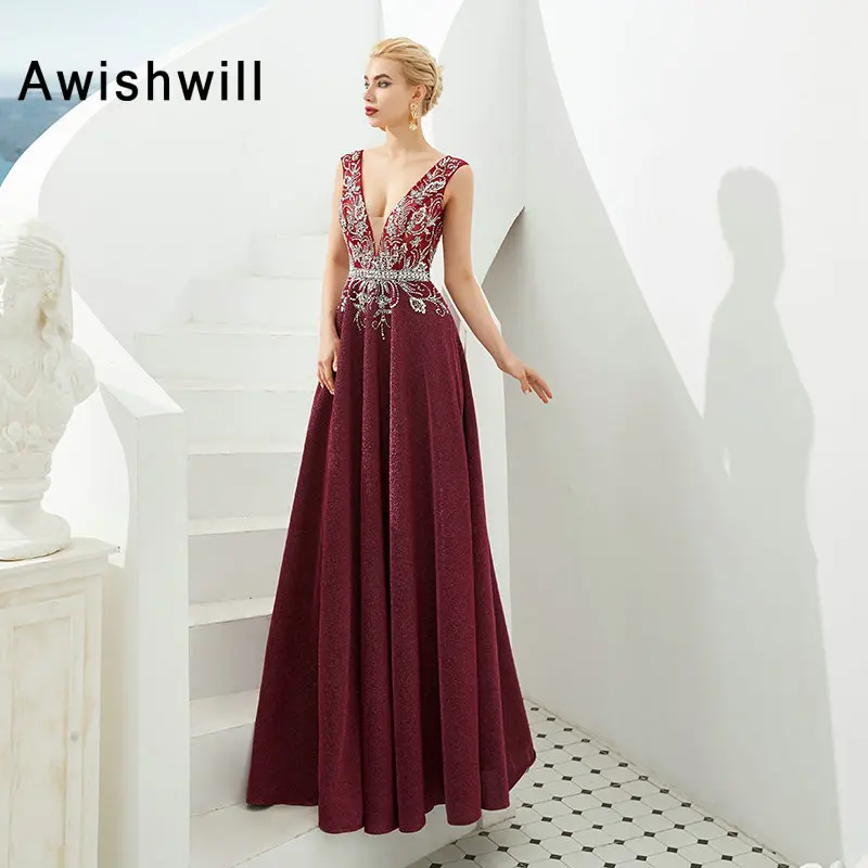

Sexy Long Prom Dress Burgundy Double V Neck Beadings Floor Length Women Formal Evening Dress 2020 Vestidos de Fiesta de Noche
