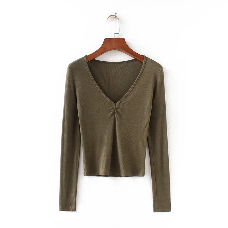 army green Женская футболка с глубоким вырезом и рюшами - Цвет: army green