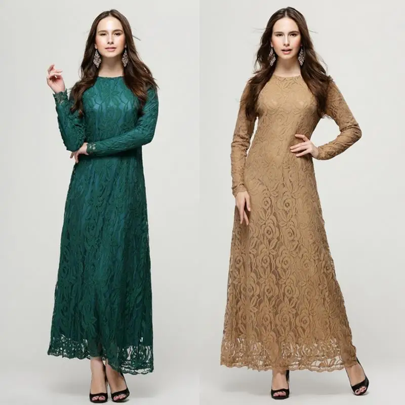 Модное мусульманское платье женское кружевное элегантное абайское длинное с