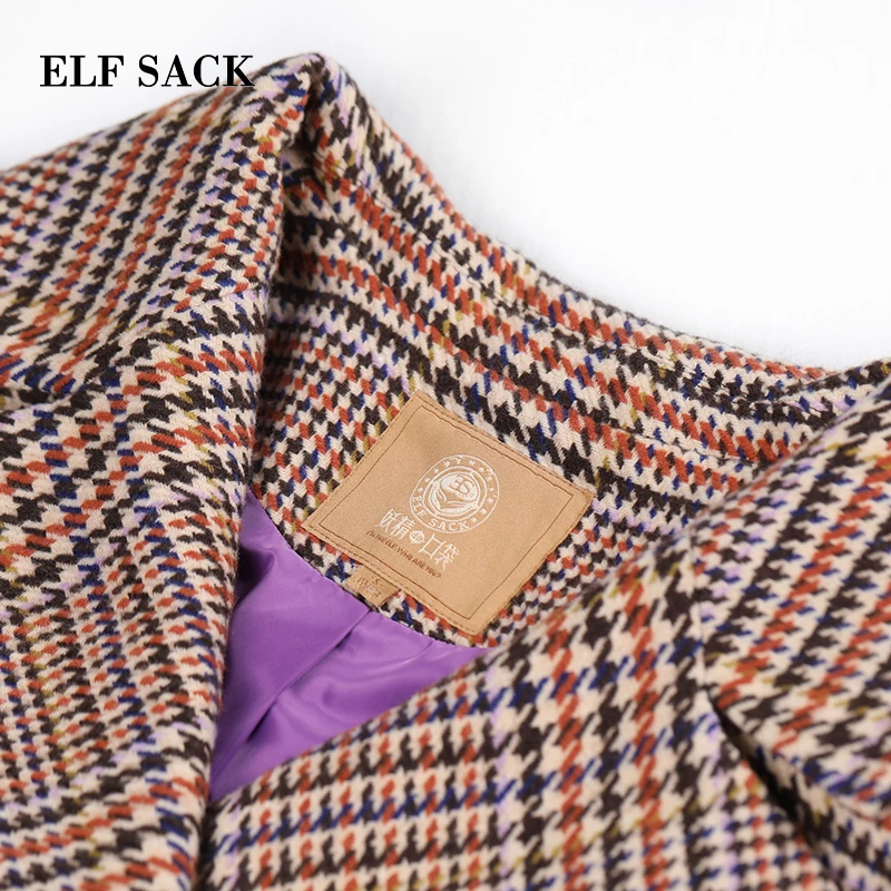 ELFSACK Зимние новые стильные шерстяные пальто длинные клетчатые повседневные