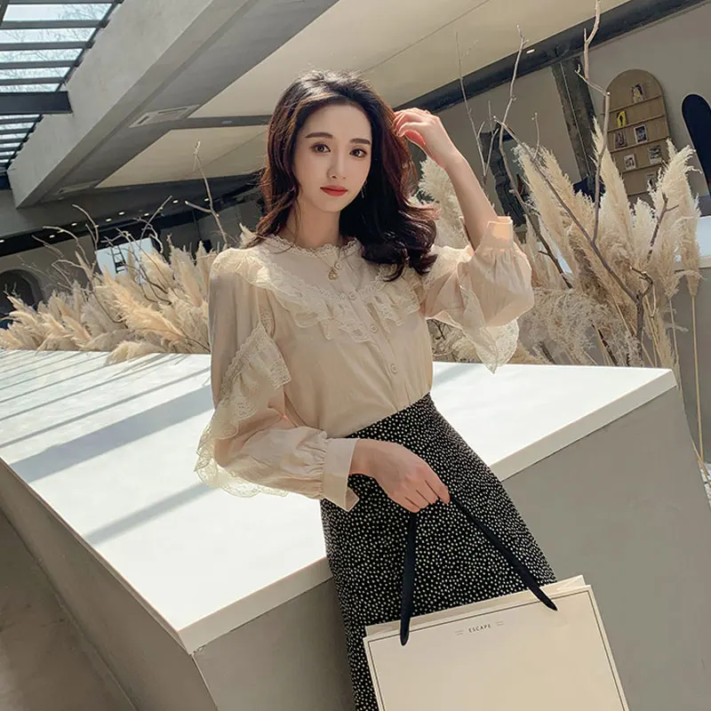 Новый 2019 весна корейский для женщин одежда воротник стоечка шить кружево