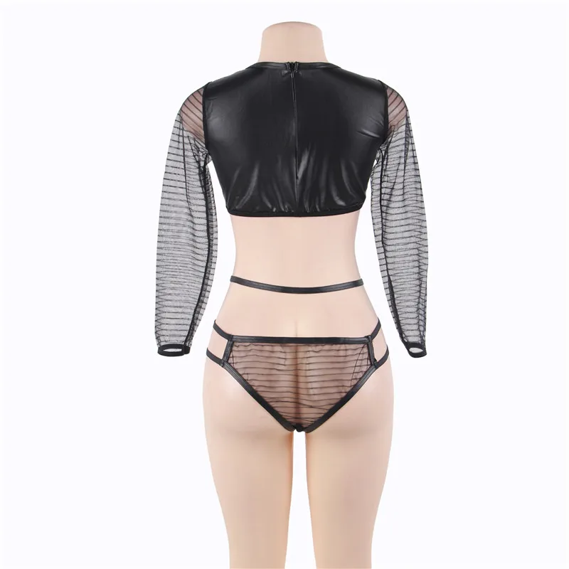 

Leather Stiching Striped Sexy Lingerie Set High Waist Panty+Bra See Though Black Woman Erotic Set Sexy Underwear RS80644