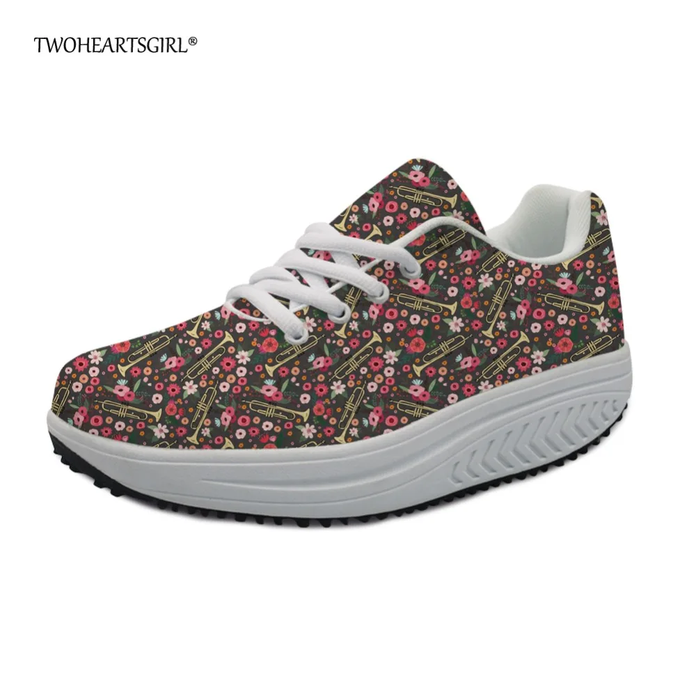 

Twoheartsgirl Popular Designer Trumpet Pattern Swing Wedge Shoes Lace Up Women Casual Health Shoes Lost Weight Slimming Shoes