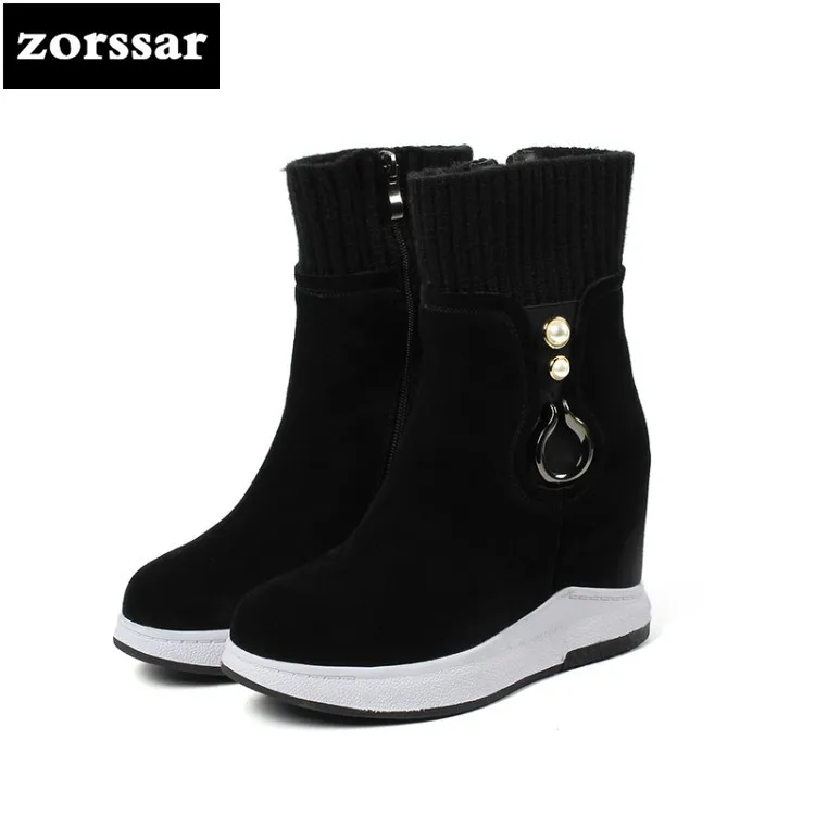 Goedkoop Zorssar 2019 Vrouwelijke Winter Warm Platform Laarzen Vrouwen Enkel Snowboots Suède Wig Hoge Hak Booties Stretch Laarzen