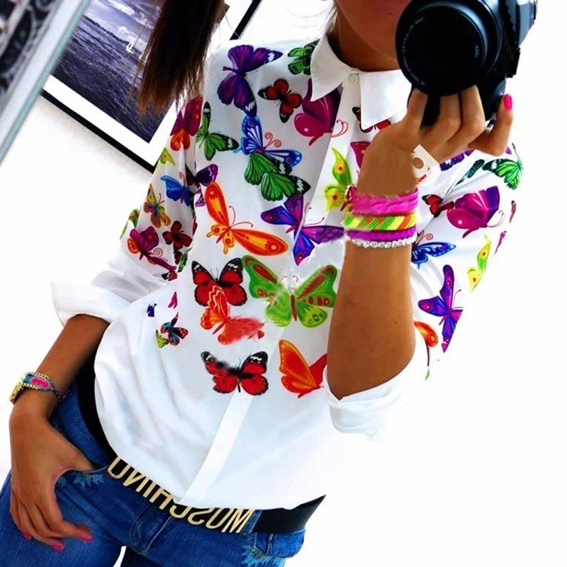 Ladies Office Floral Flower Printing Blouse Shirts Women Spring Shirt Long Sleeves Casual Slim Fit Blusas Female Clothing Tops | Женская