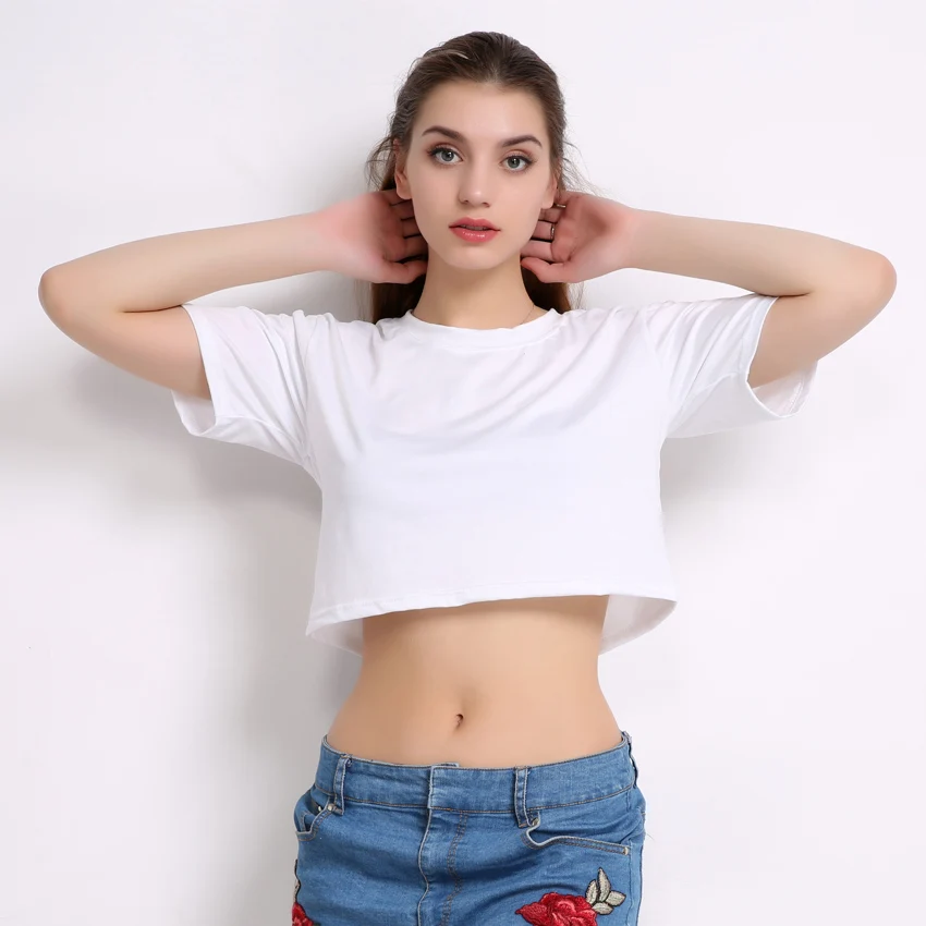 Короткая футболка Для женщин летние однотонные Растениеводство Топ 2017 короткий