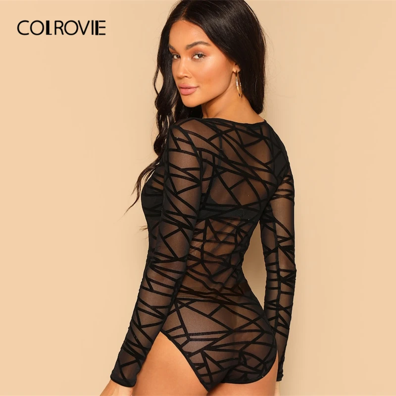 COLROVIE, черный, с овальным вырезом, гео сетка, прозрачный, обтягивающий, сексуальный, боди для женщин,, модный, с длинным рукавом, для клуба, для ночного клуба, для девушек, боди