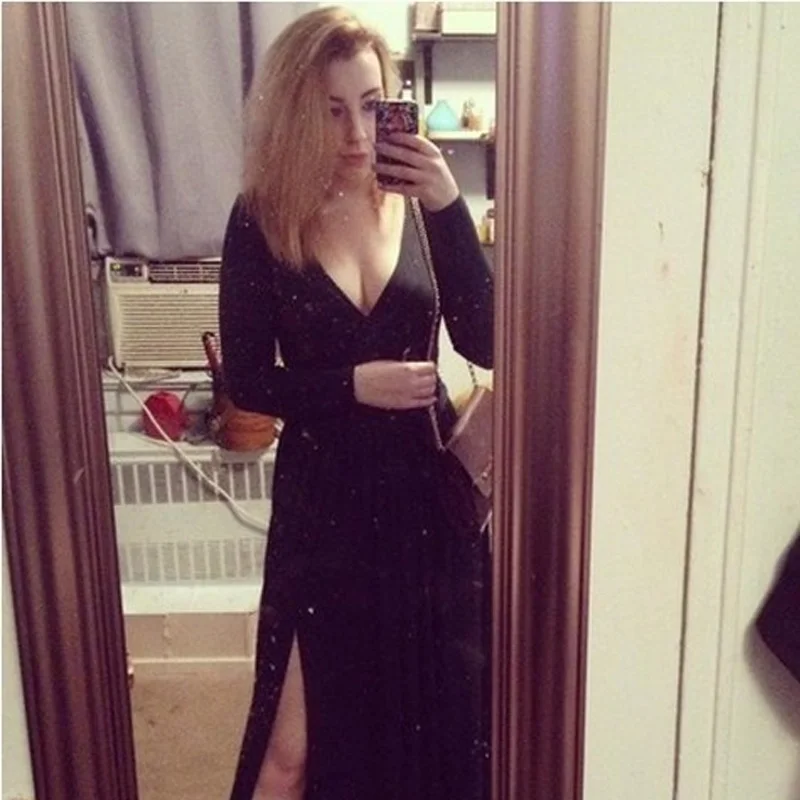 Сексуальное вечернее платье с длинным рукавом v образным вырезом туника тонкое