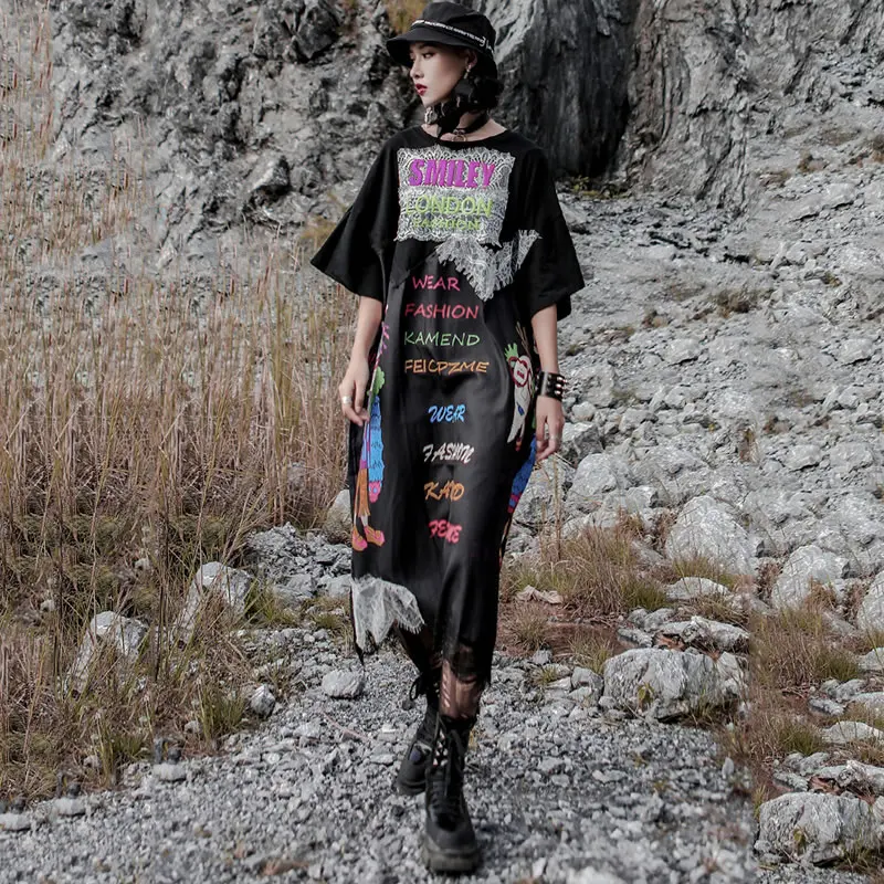 XITAO Street Lace Dress Women Clothes 2019 Notched Collar Irregular Print Letter Pattern Wild Joker Pullover Elegant WBB4191 | Женская
