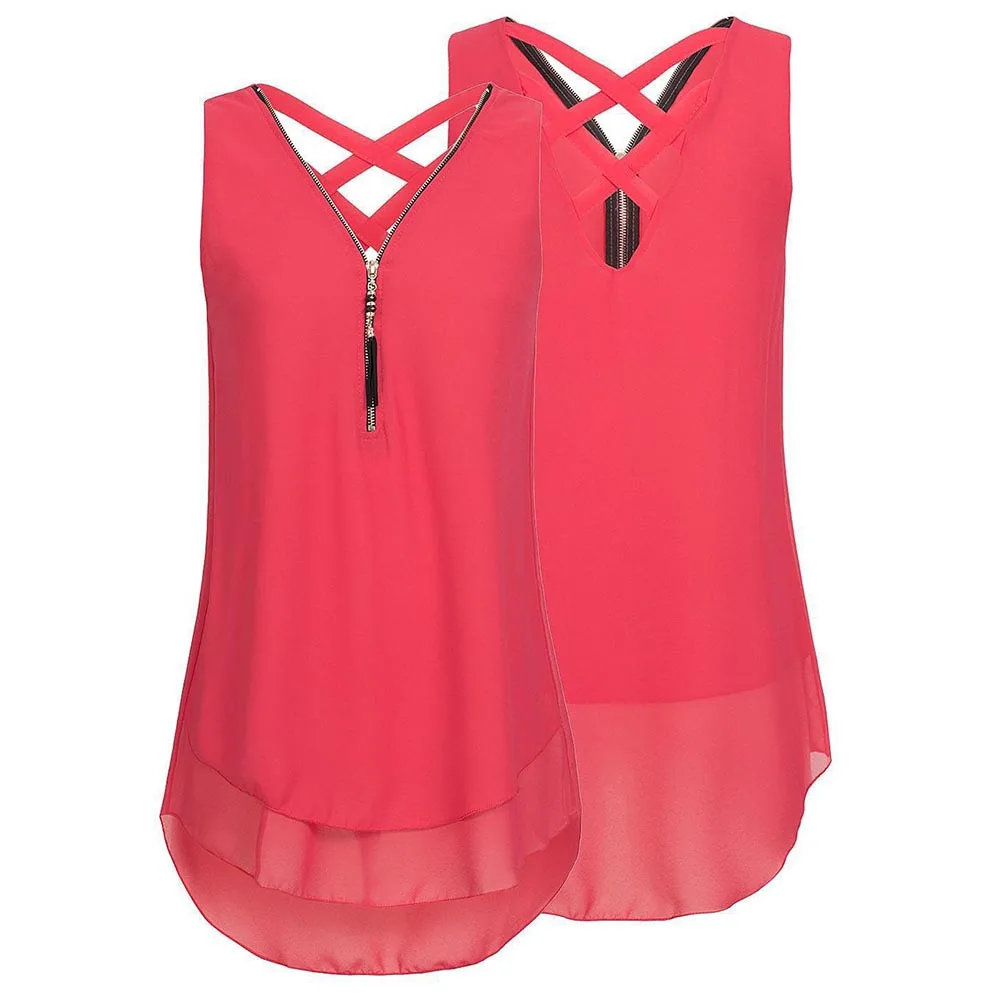 Loneyshow Zipper Cross Chiffon Shirt 2018 Sexy Women Summer Office Style Sleeveless Patchwork V-Neck |