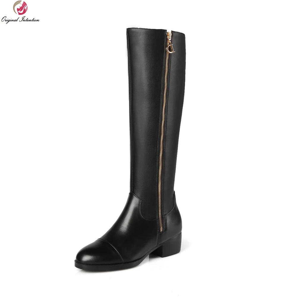 

Original Intention New Arrival Women Knee High Boots Nice Round Toe Square Heels Boots Popular Black Shoes Woman US Size 4-13