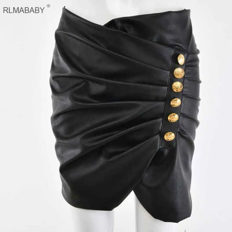 Black RLMABABY осень зима черные юбки из искусственной кожи с пуговицами Женская юбка с рюшами и высокой талией сексуальная уличная облегающая плиссированная юбка - Цвет: Black