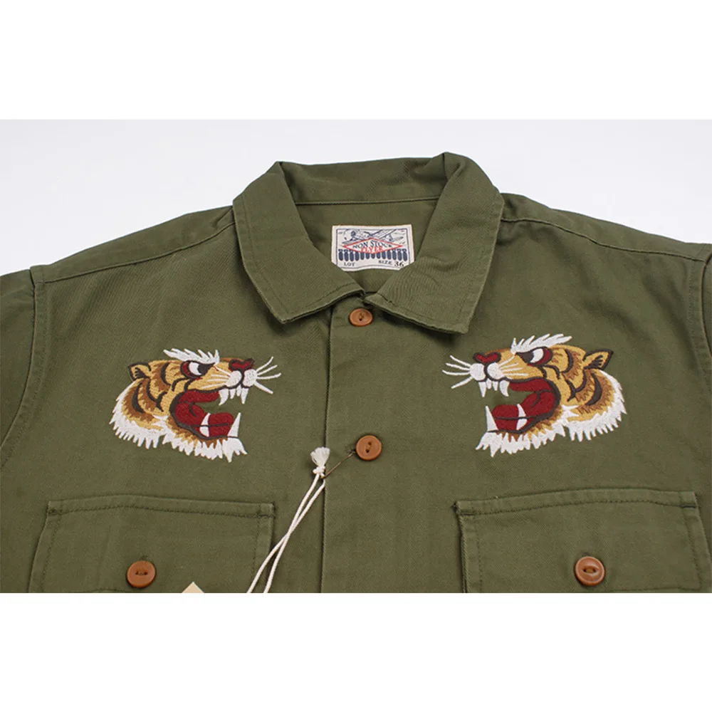 2018 осень зима холст тигр вышивка рубашка мужская карго Camisa Masculina Повседневная