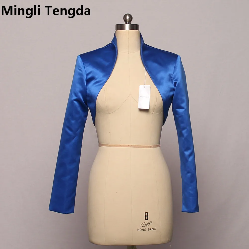Royal blue Новые популярные свадебные атласные куртки на заказ, свадебные модные болеро с воротником и длинными рукавами Mingli Tengda, Женская куртка - Цвет: Royal blue
