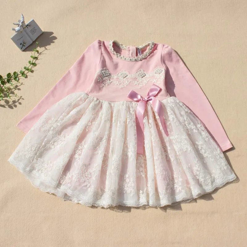 2019 Spring Toddler Kids Girls Dress Long Sleeve Pearls Lace Wedding Party Pageant Embroidery Dresses with Big Bow 4-7Y | Детская одежда