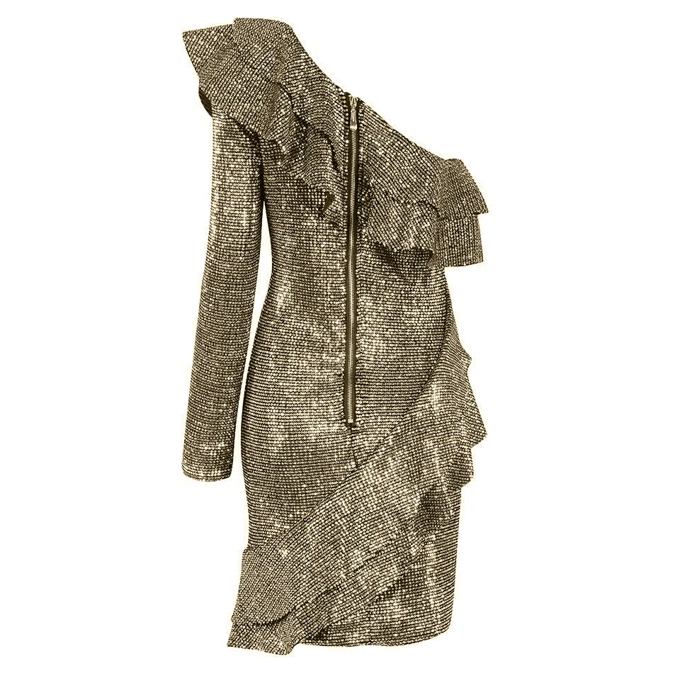 Сексуальное Асимметричное мини платье на одно плечо S Curve с оборками и блестками