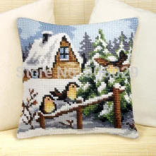

Cross Stitch Cushion Kits Tapestry Canvas 40x40cm Snow house Pillows Diy Acrylic Yarn Kits for Embroidery Cushion