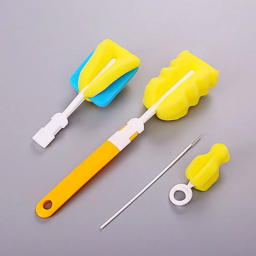 yellow 4pcs Baby Bottle Brushes Set Sponge Plastic Glass Milk Water Cup Cleaner Nipple Pacifier Milk Feeder Cleaning Brushes sets - Цвет: yellow