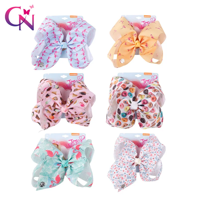 

CN 10pcs/lot Large 8" Flamingo Hair Bow With Clip For Girls Kids Handmade Boutique Printed Ribbon Knot Donut Bows Hairgrips