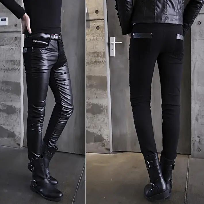 Splice personality fashion pu pants men leather trousers pantalones hombre cargo feet for pantalon homme black autumn | Мужская одежда