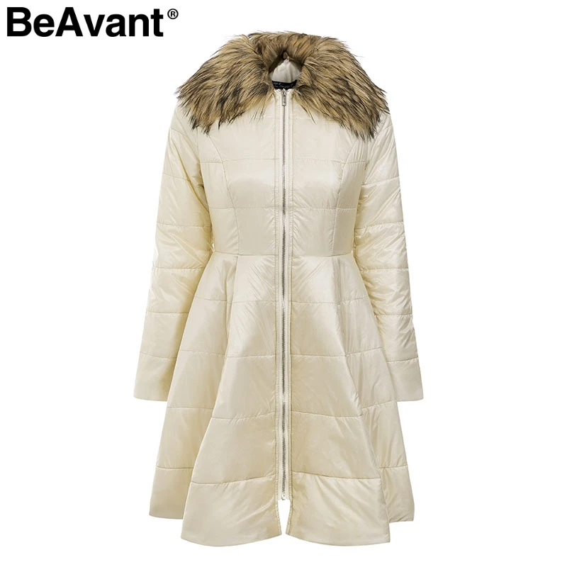 BeAvant, парка с меховым воротником, Женское пальто, элегантное, большое, с подкладкой, длинное, зимнее пальто, с баской, с карманами, пальто, повседневная верхняя одежда - Цвет: champagne