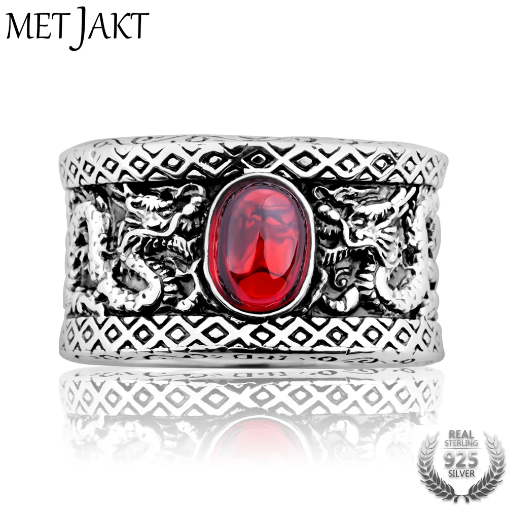 Мужское кольцо с гранатом MetJakt в стиле панк двойным драконом и играющими бусинами