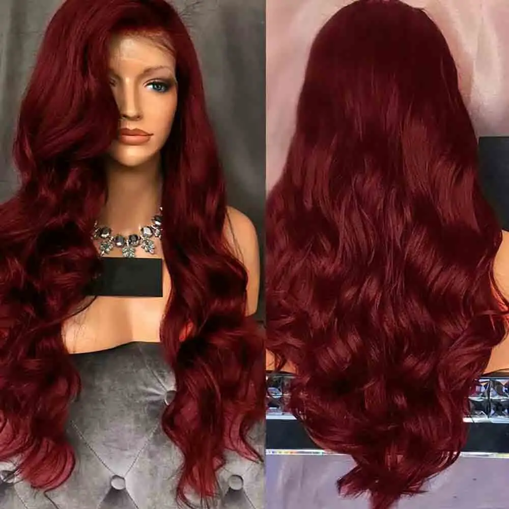 99J Red Human Hair Wigs For Black Women 150% Density Wavy Burgundy Remy Brazilian Lace Front Wig Preplucked With Baby | Шиньоны и