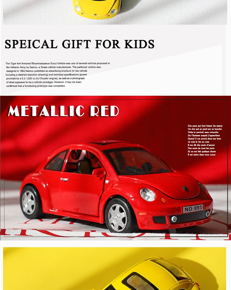 1/24 масштабная литая Модель Коллекционная машина Beetle, подарок для мальчиков, металлические игрушки с открывающимися дверцами/функция оттягивания/музыка/светильник