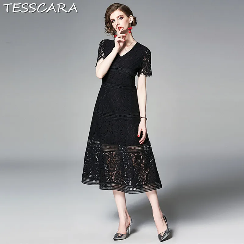 Black TESSCARA для женщин летние элегантные черные кружево платье Festa женские офисные женская одежда для вечеринки Винтаж Дизайнер Высокое качество длинное - Цвет: Black