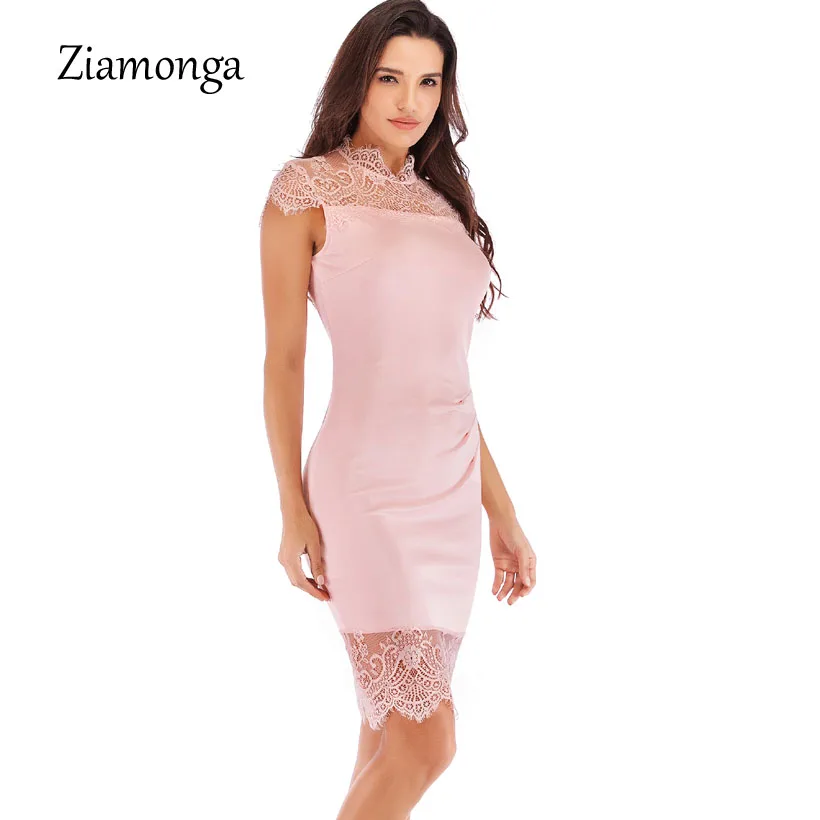 Ziamonga 2018 новый тонкий миди кружево лоскутное карандаш Bodycon платье короткий рукав